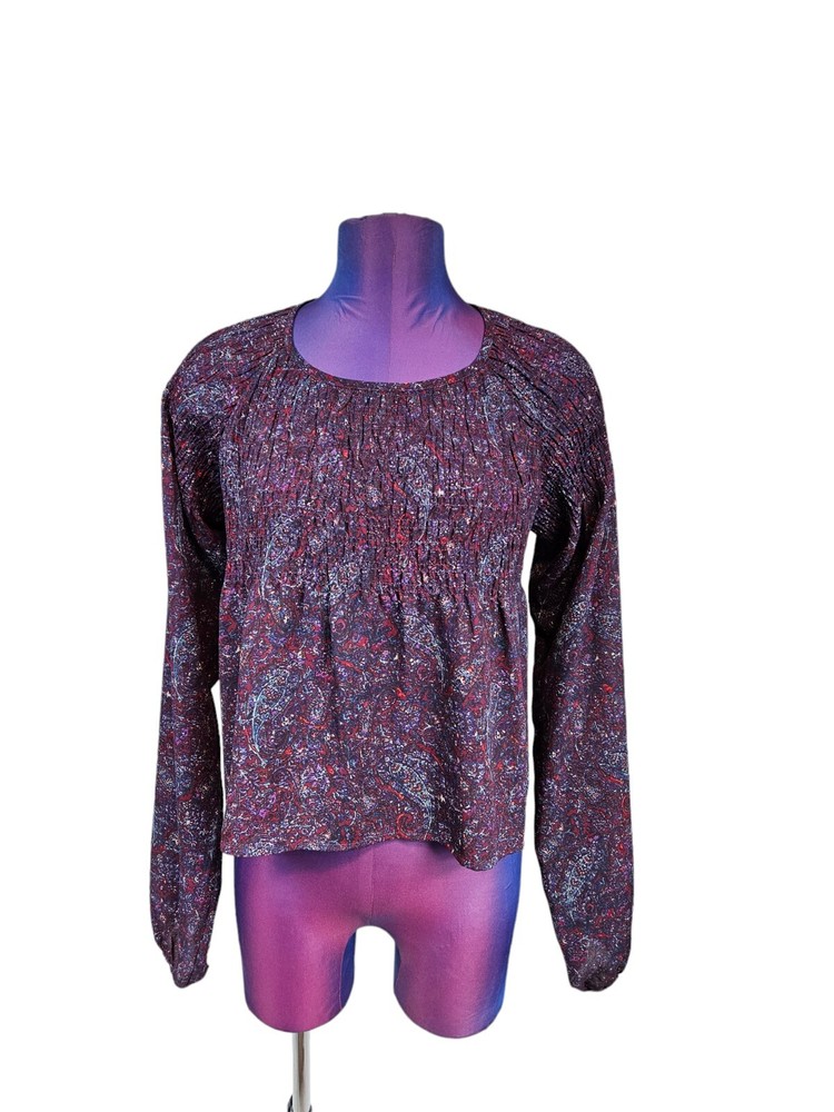 Staring at Stars Aubergine Paisley Smocked Chiffon Top Size Small Women's S34