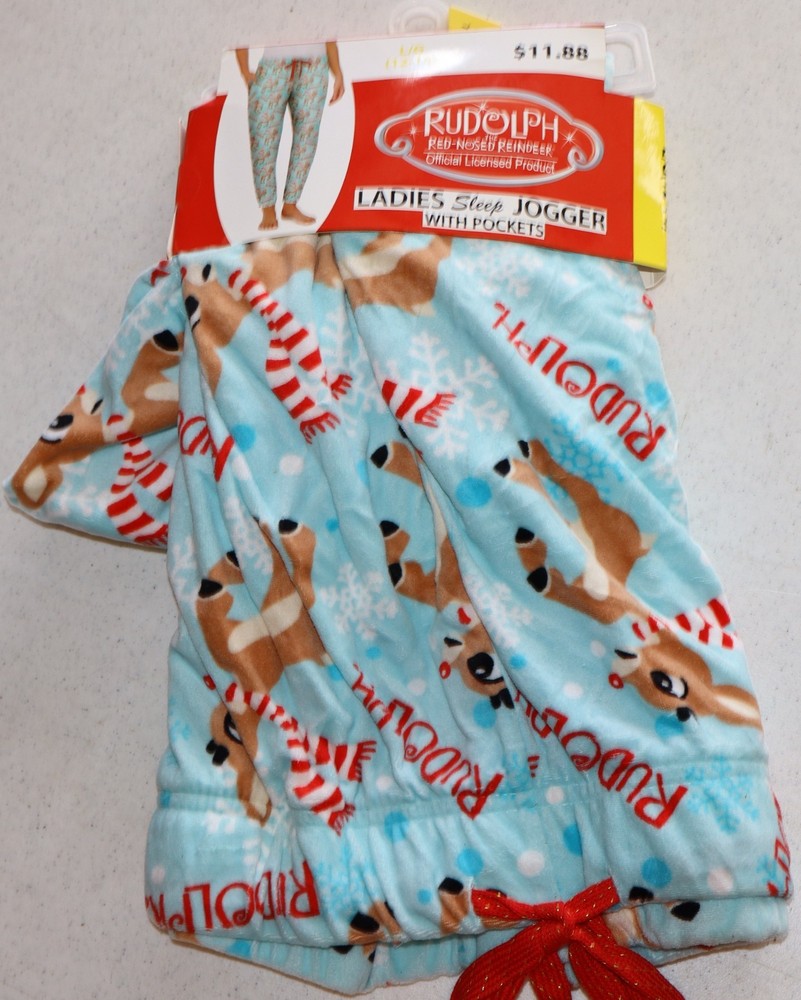 Ladies Size Large 12-14 Sleep Joggers Rudolph Red Noised Reindeer with Pockets