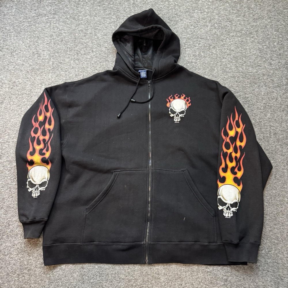 Vintage Sturgis Jacket Mens 2XL Black Skull Flames Sleeve Full Zip Biker Y2K