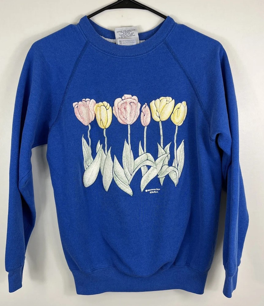 Vintage Grandma Tulips Sweatshirt Flowers Womens M Morning Sun Cottagecore Faded