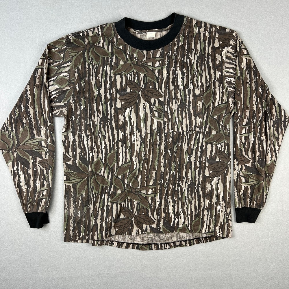 VTG RealTree Camo T Shirt Fits Medium Ringer Long Sleeve 1990s Hunt Made in USA