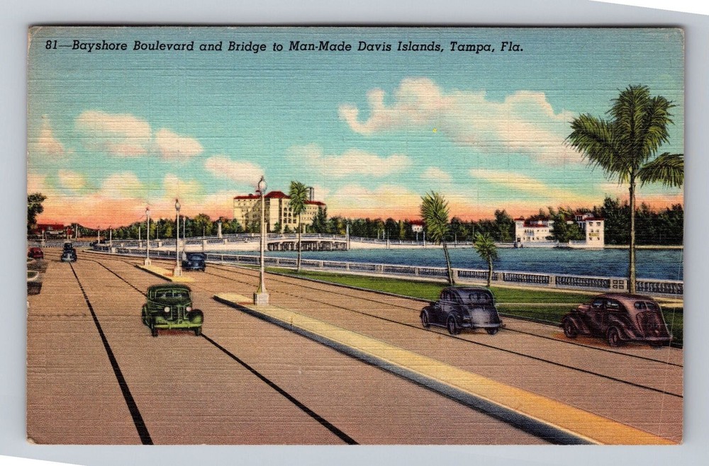 Tampa FL-Florida Bayshore Boulevard and Bridge Davis Islands Vintage Postcard PC