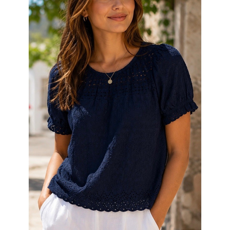 Gap Womens Eyelet Puff Sleeve Blouse Navy Blue Medium Casual Summer Coastal