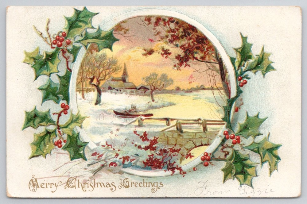 Raphael Tuck Christmas Holly Postcard Winter Church Snow Bridge Greetings