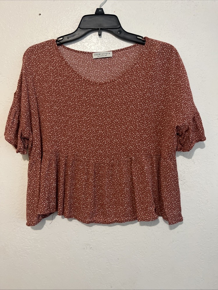 Paper Crane Women’s Blouse  Flowy Loose Crop Short Sleeve Size L Flirty T13