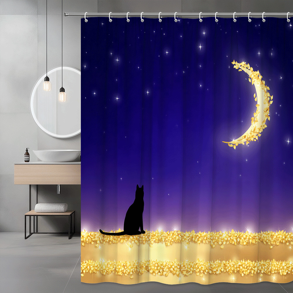 Cat Moon Shower Curtain, Starry Night Sky Print