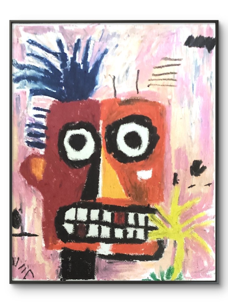 Basquiat Style Graffiti Abstract Face Original Red Pink 11x14 on Canvas Panel-image