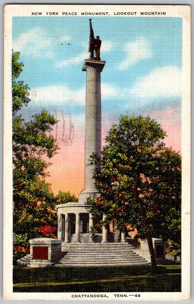 Vtg Linen Postcard New York Peace Monument Chattanooga, TN 1940s
