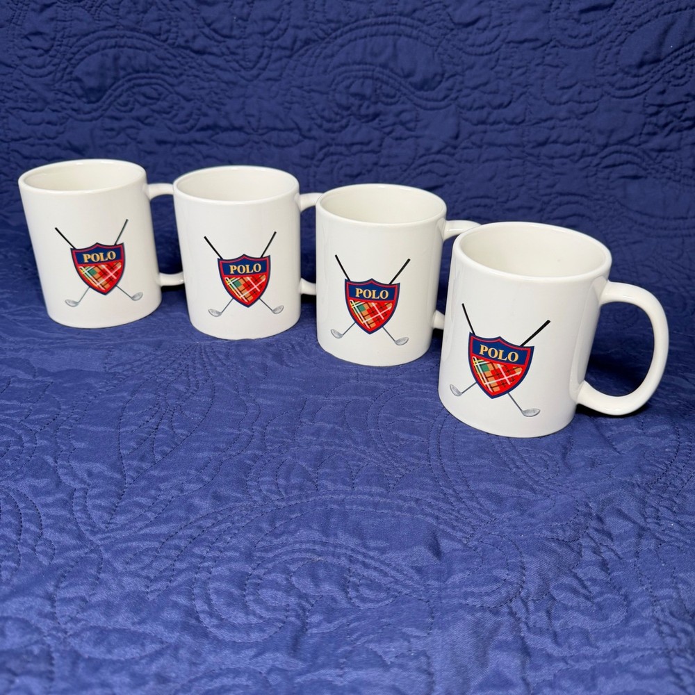 Polo Ralph Lauren Golf Crest Coffee Mugs Set of 4 White Plaid Shield Vintage