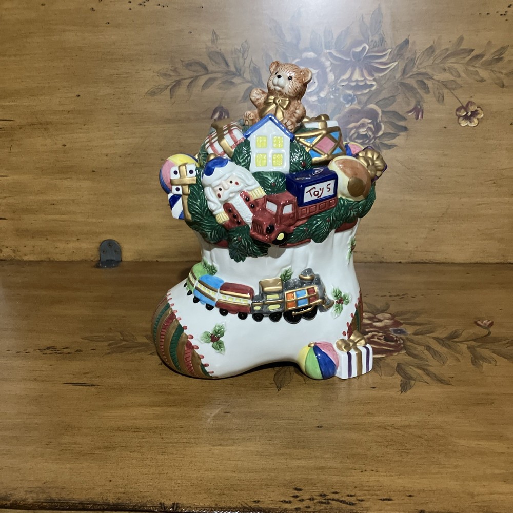 Fitz & Floyd Omnibus Ceramic Christmas Stocking Toyland Cookie Jar