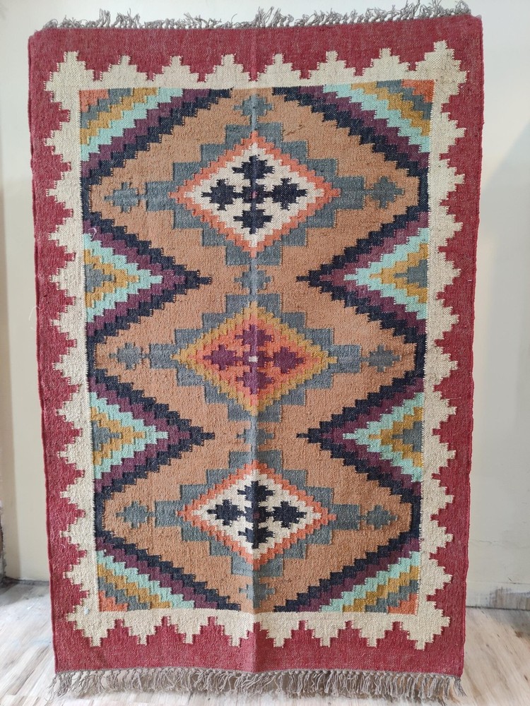 Handwoven Wool Jute Kilim Rug Color Multicolor Handmade Design Carpet Rug