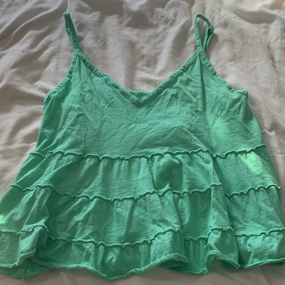 American Eagle Women’s Green Solid V-Neck Ruffle Cami Tank Adjustable Straps XL