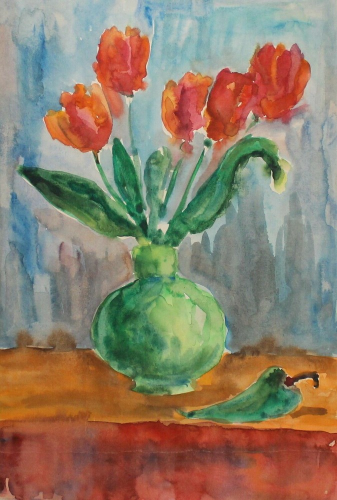 Watercolor painting stil life with tulips