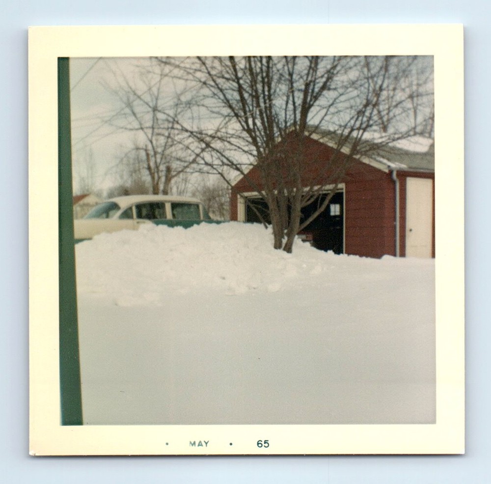 Old Vintage Square Color Photo GARAGE SNOW WINTER SCENE CLASSIC CAR 1965