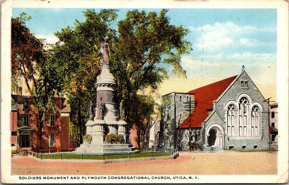 1919 Utica NY Soldiers Monument Plymouth Congregational Church Postcard