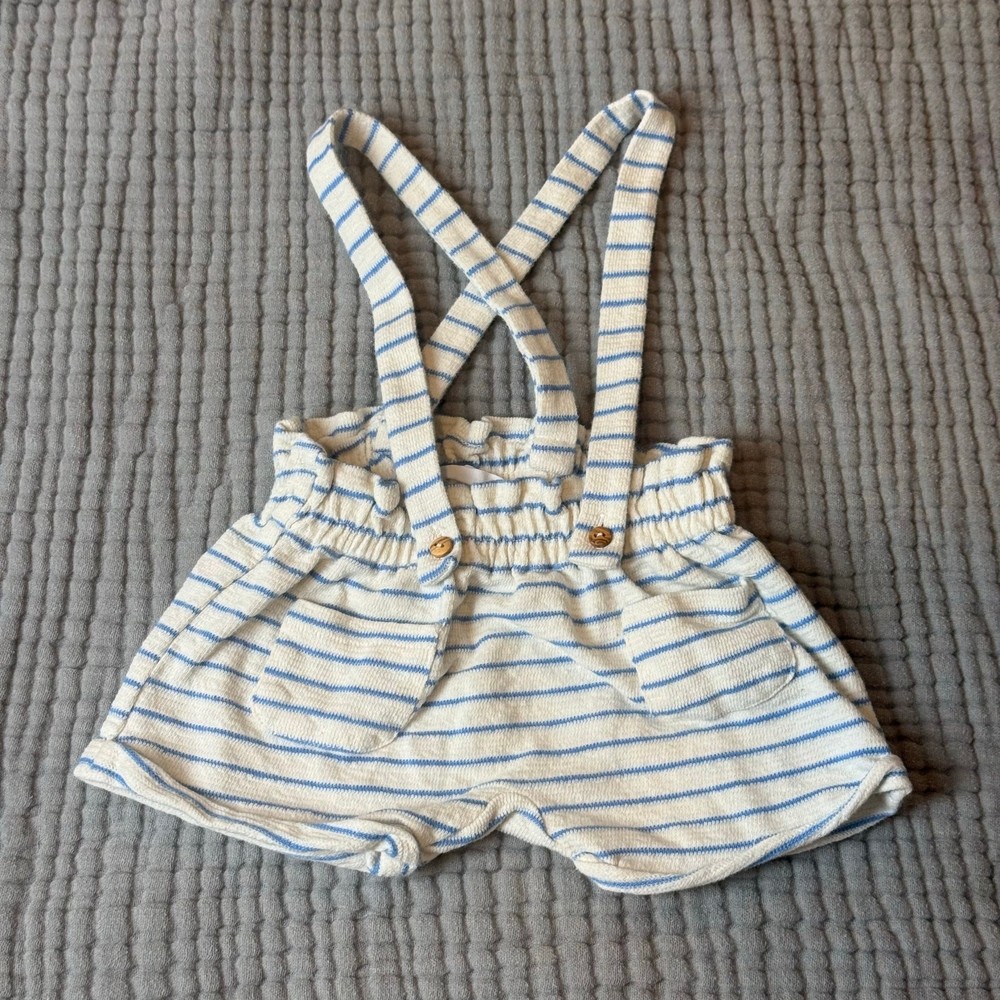 Zara Baby Boy Blue Stripe Shortalls Shorts w/ Suspenders Romper 0-3 Months
