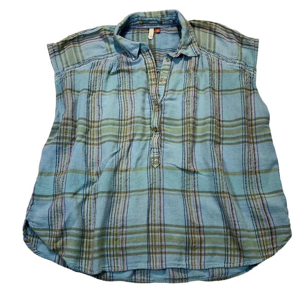 Pilcro Sleeveless Plaid Blouse Womens Size M Blue Boho Ladder Stitch Top