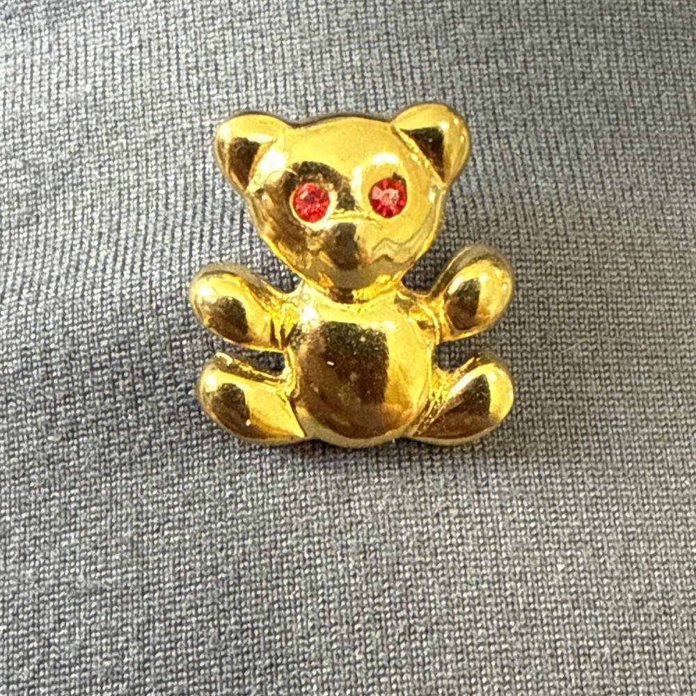 Vintage Teddy Bear Scatter Lapel Pin Rhinestone Red Eyes Gold Tone Small Brooch