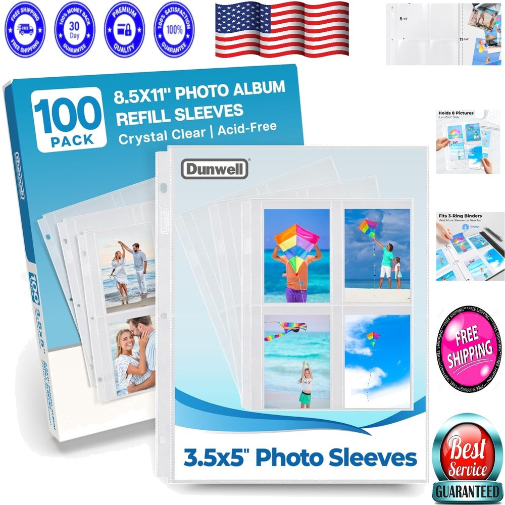 100 Acid-Free 3.5x5 Photo Sleeves for 3-Ring Binders to Safeguard Memories  -image