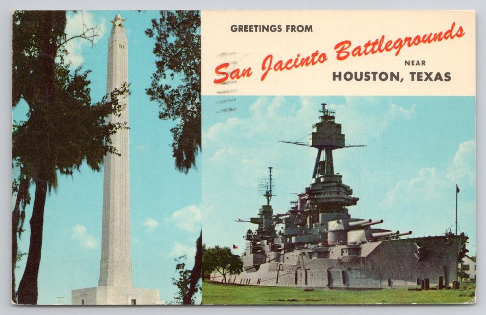 1952 Houston TX San Jacinto Monument Battleship Texas Postcard Curteichcolor