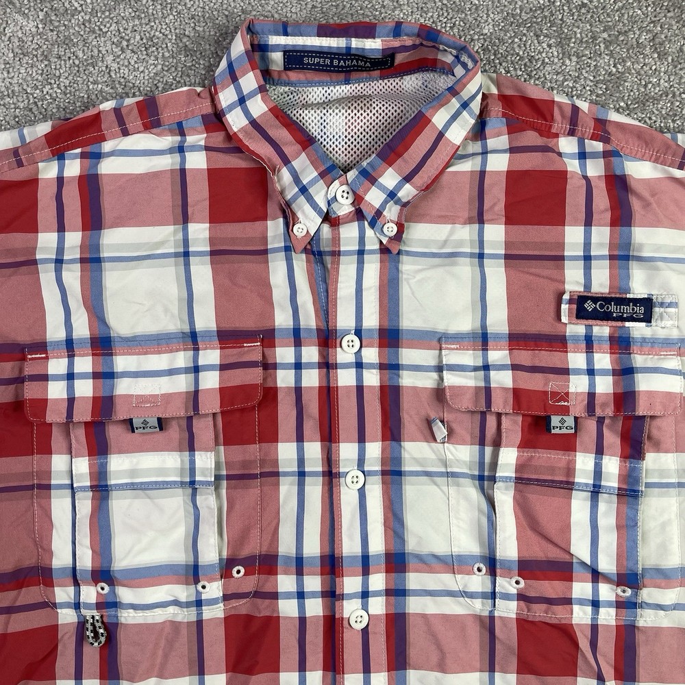Columbia PFG OmniShade Super Bahama Shirt Mens XL Red Plaid Short Sleeve Fishing