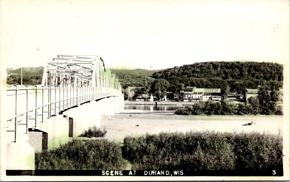 1930s Hand Color River Bridge Scene Durand Wisconsin Vintage Real Photo Postcard