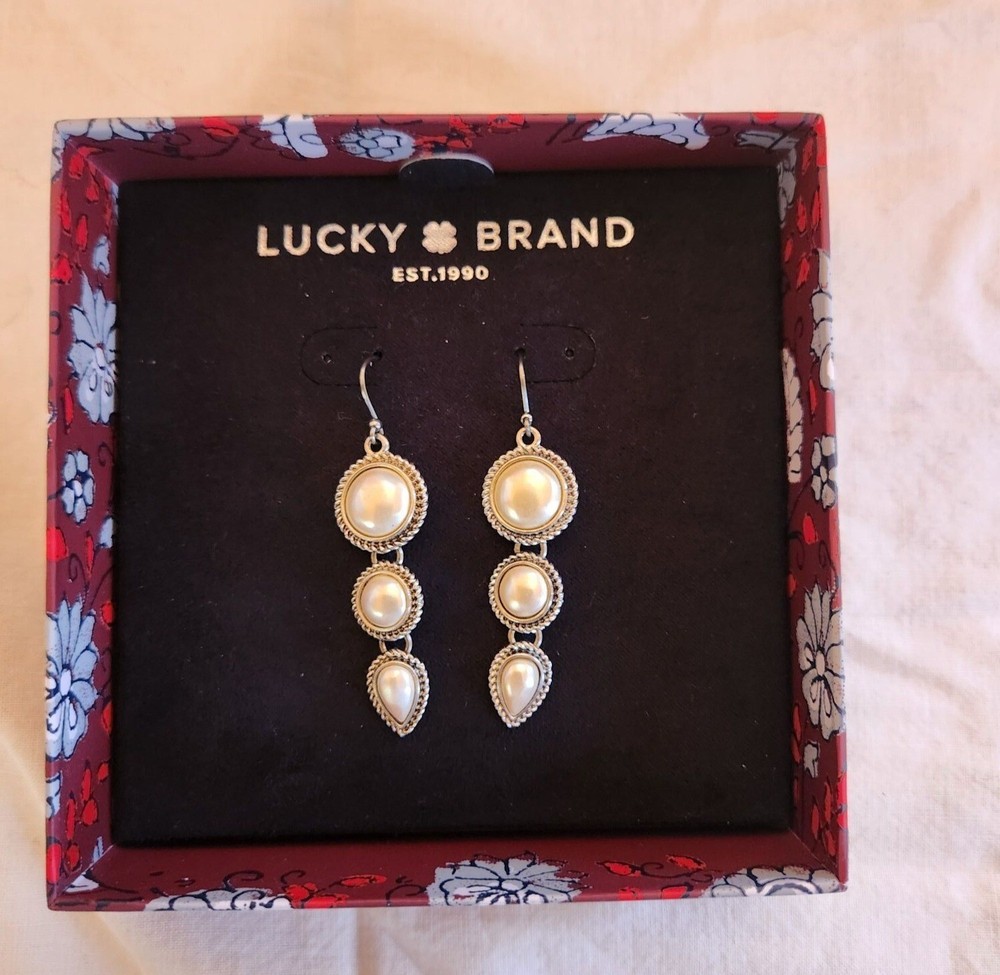Lucky Brand Triple Pearl Drop Earrings Set in Decorative Gift Box