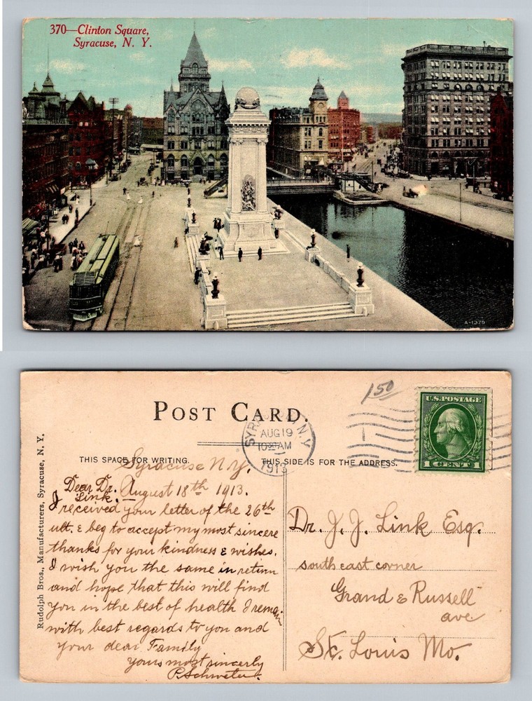Syracuse, NY-New York, Clinton Square Monument Canal View Vintage c1913 Postcard