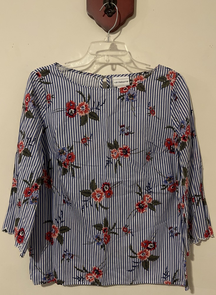 Liz Claiborne Womens Small Blue Striped Floral Cotton Blouse! A2556
