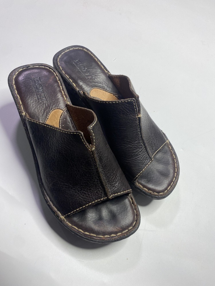 Born Women's Mule Size 7 EU 38 Clog Low Wedge Slip On Shoe Brown Leather Hippie