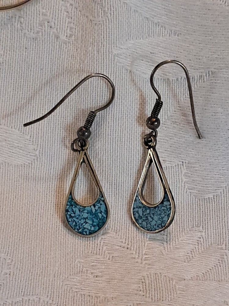 Vintage Alpaca Mexico Silver & Inlaid Turquoise Drop Dangle Pierced  Earrings