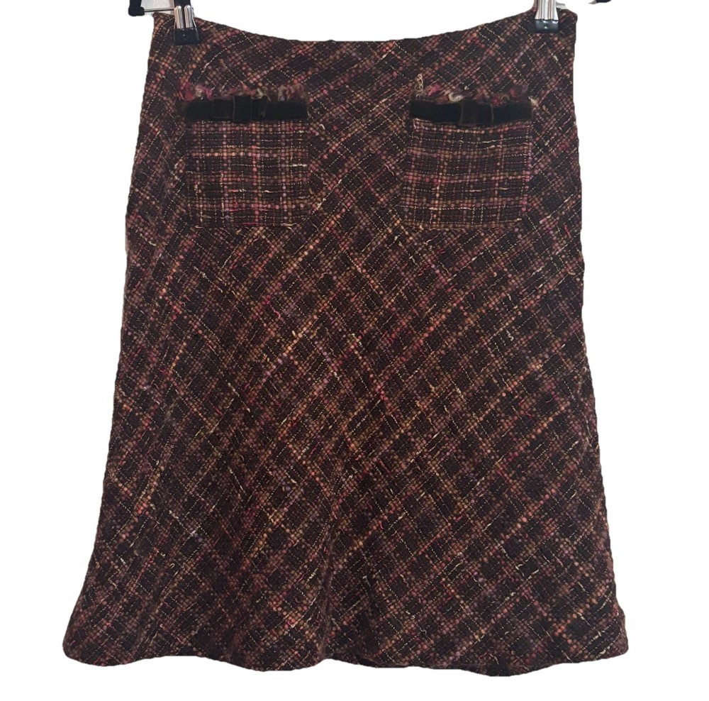 Y2K Express Design Studio Wool Tweed Plaid A-Line  Skirt Brown Pink Size 6