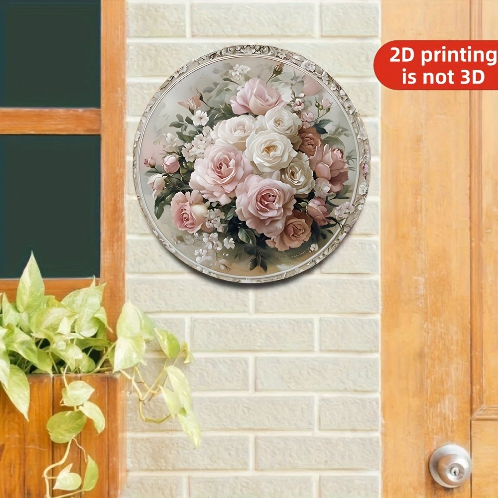 Vintage Pink Roses Round Painting - Durable Floral Metal Art