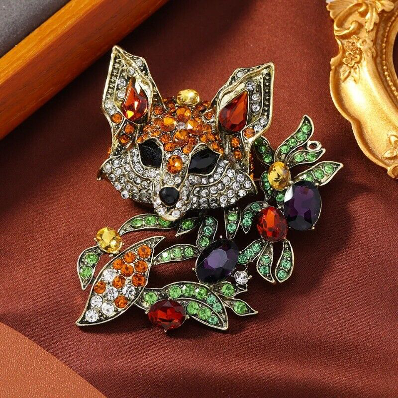 Vintage Rhinestone Flower Branch Fox Brooch Masculine Animal Pin Accessories