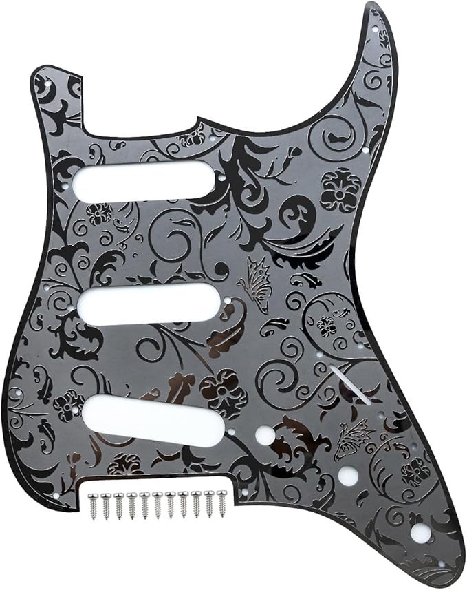 Strat 11 Hole Stainless Steel Engraved Pickguard SSS - Blk, Chr, or Gld