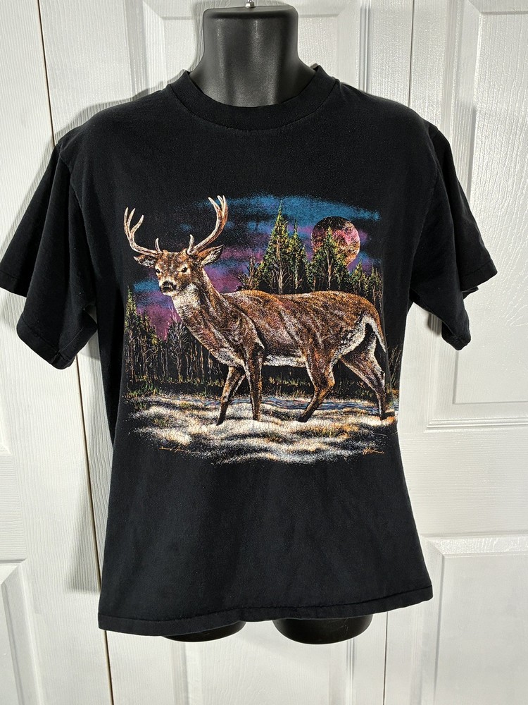Vintage 90s Nature Deer Aop Shirt Black Single Stitch USA Size XL