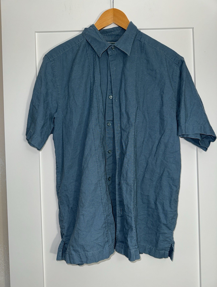 Cubavera Blue Solid Linen Cotton Woven Button-Up Shirt Men's L Short Sleeve