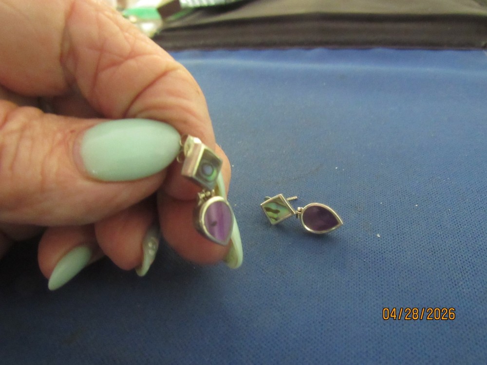 Vintage Sterling Silver Two Unusual Stones, Abalone? Pierced Post Stud Earrings