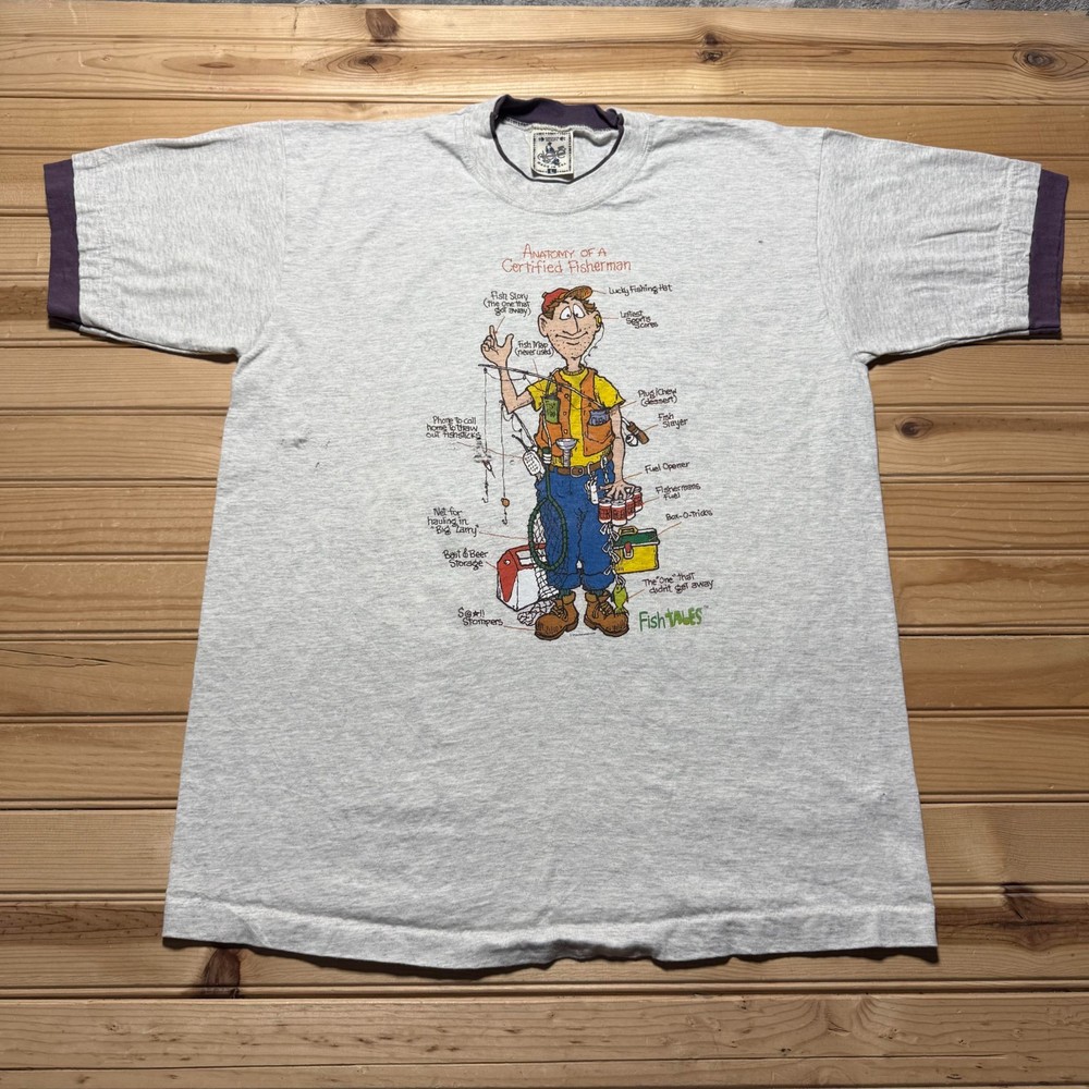 Vintage 90s Anatomy of a Certified Fisherman Graphic Ringer T-Shirt USA - Large
