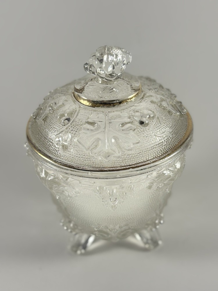 Vintage Candy Footed Dish - Jeanette - Crystal Grape & Leaves with Gold Trim