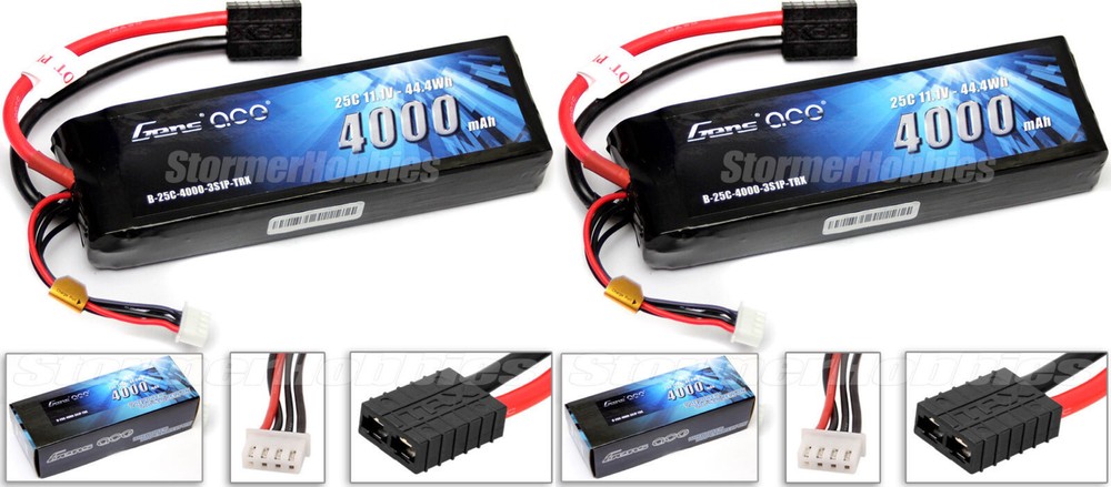 (2) Gens Ace 4000mAh 11.1V 25C Lipo Battery Pack Traxxas plug Rustler Stampede..-image