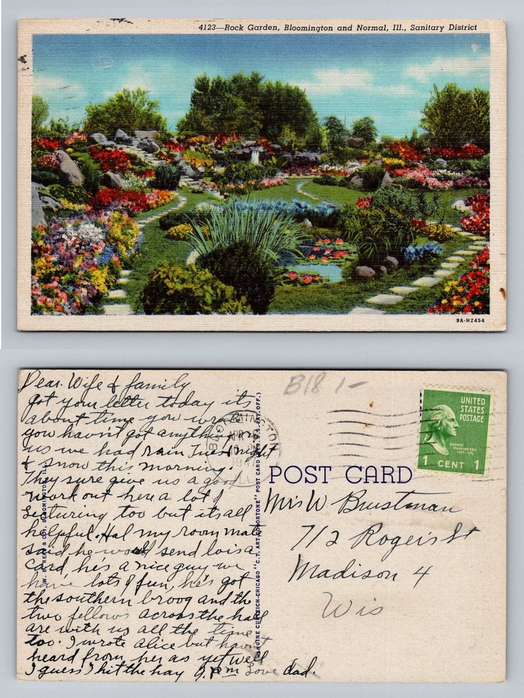 Bloomington, IL-Illinois, Rock Garden Sanitary District Vintage c1947 Postcard