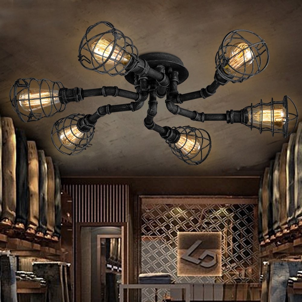 6-Light Industrial Cage Pendant Light in Rustic Black Metal Vintage Style