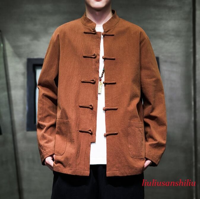 Mens Cotton Linen Tang Suit Chinese Style Buckle Jacket Casual Long Sleeve Coat