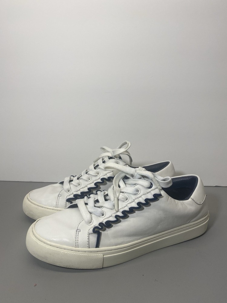 Tory Burch Sport Ruffle Sneakers 8.5  White Navy  Calf Leather Lace Up Womens