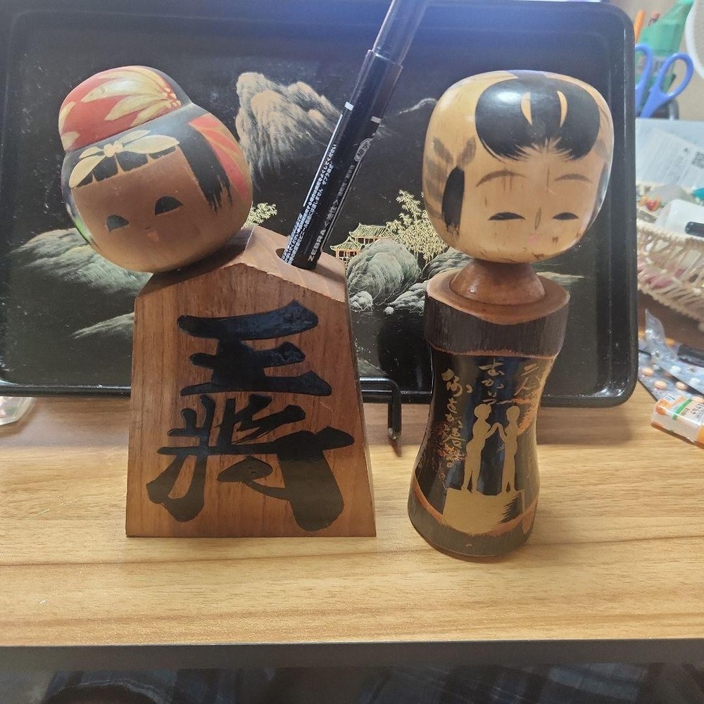 Kokeshi Shogi Piece Wooden Pen Holder Set of 2 Traditional Japan New