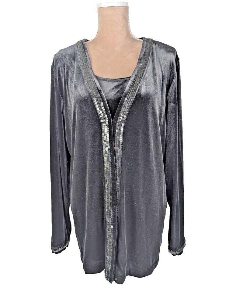Quacker Factory Sequin Trim Black Velvet Twin Set XL Cardigan Tank Top Holiday