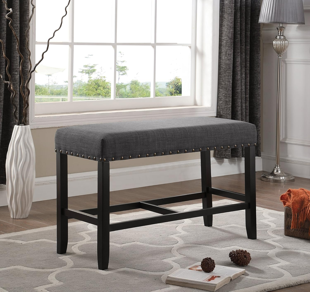 Grey Biony Fabric Counter Height Dining Bench with Elegant Nailhead Trim