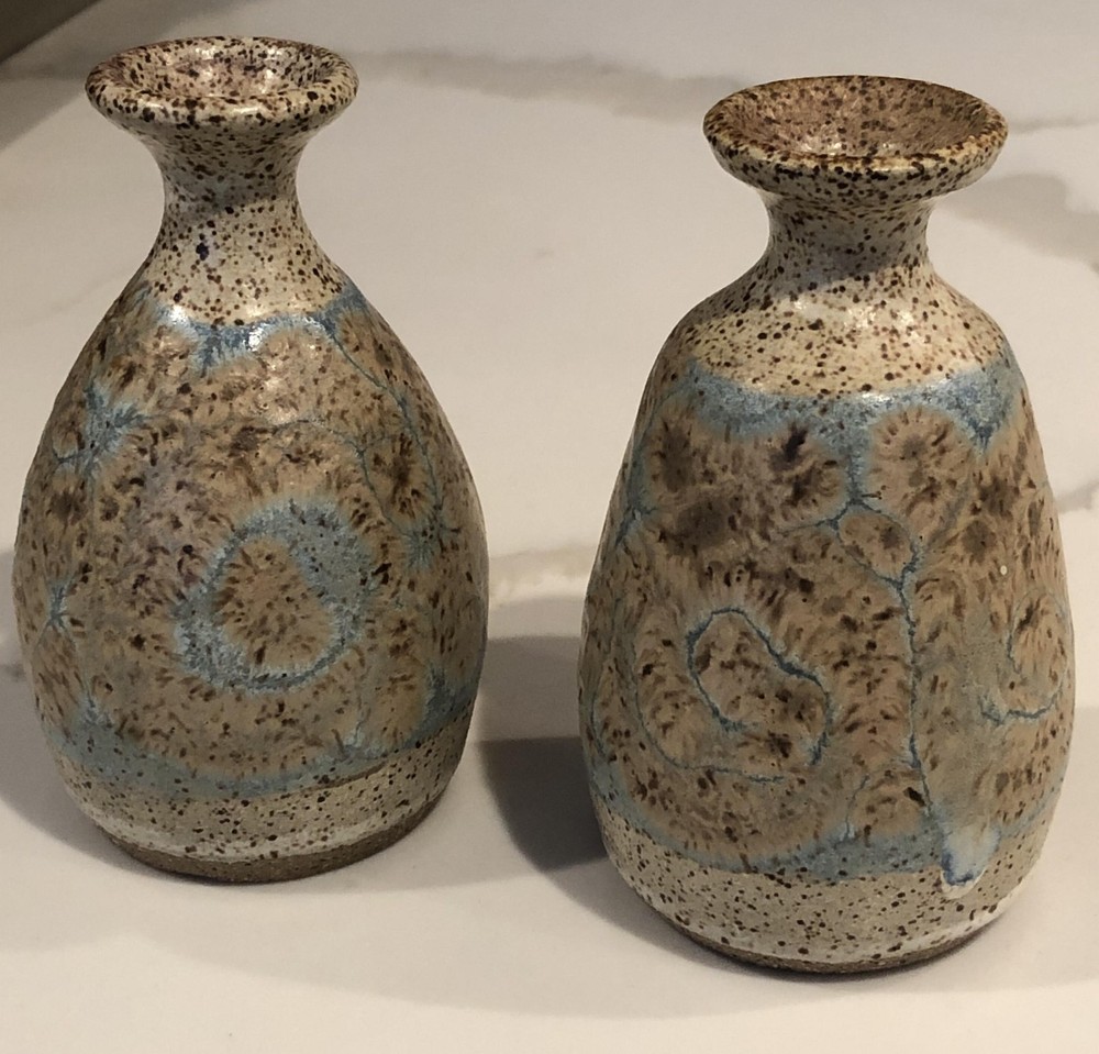 Set of 2 Signed Handmade Studio Art Small Pottery Speckled Stoneware Decor Vases