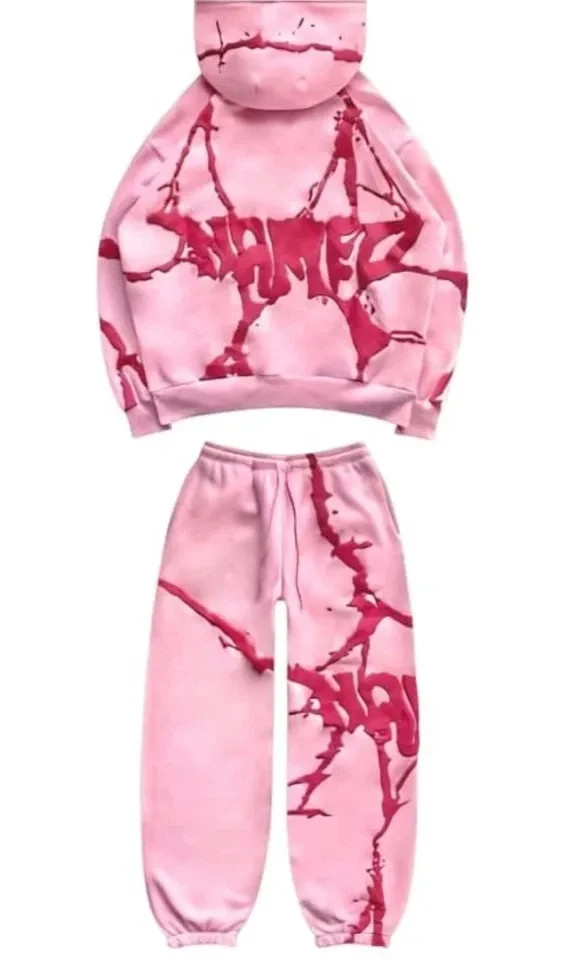 Pink Graphic Hoodie Set Sweatshirt Jogger Pants 2 Piece Tracksuit Outfit size S